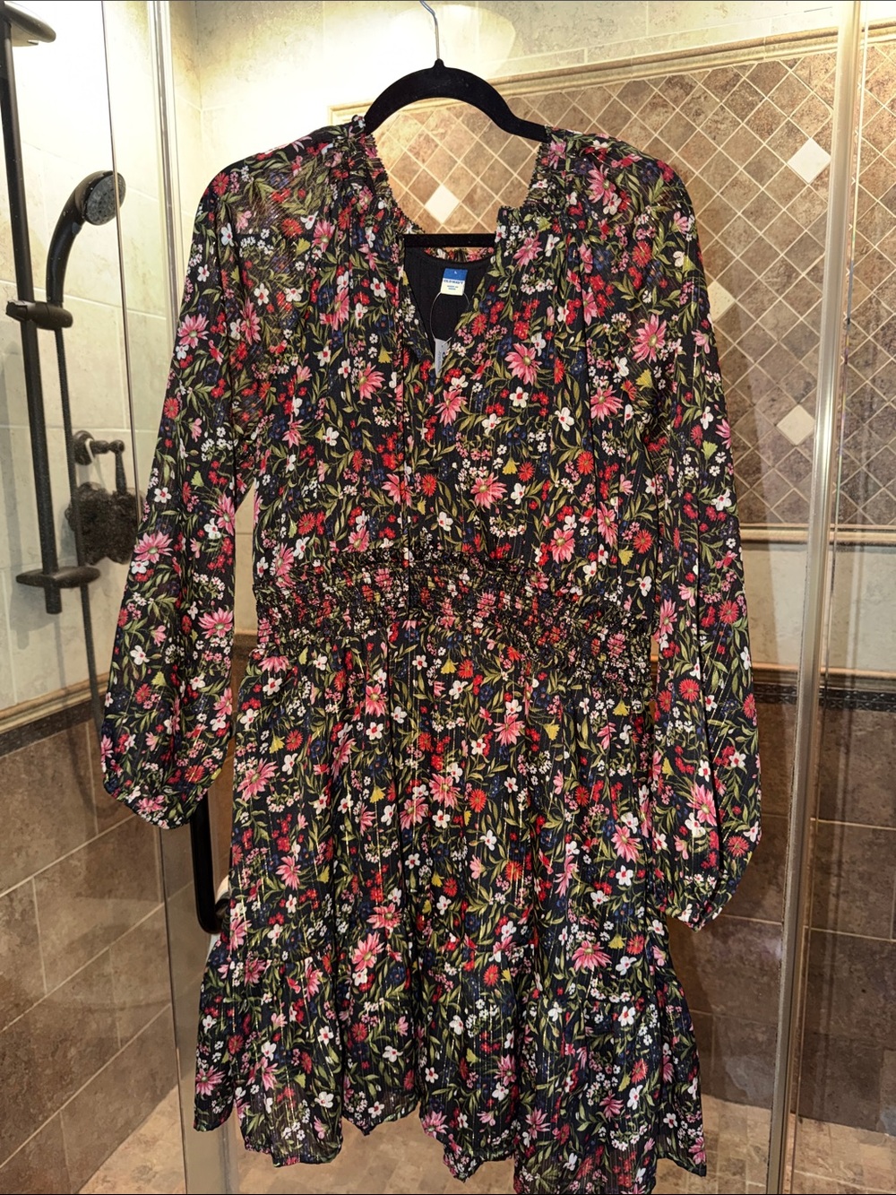 NWT Old Navy Floral Smocked Waist Long-Sleeve Dress - Black & Pink size L